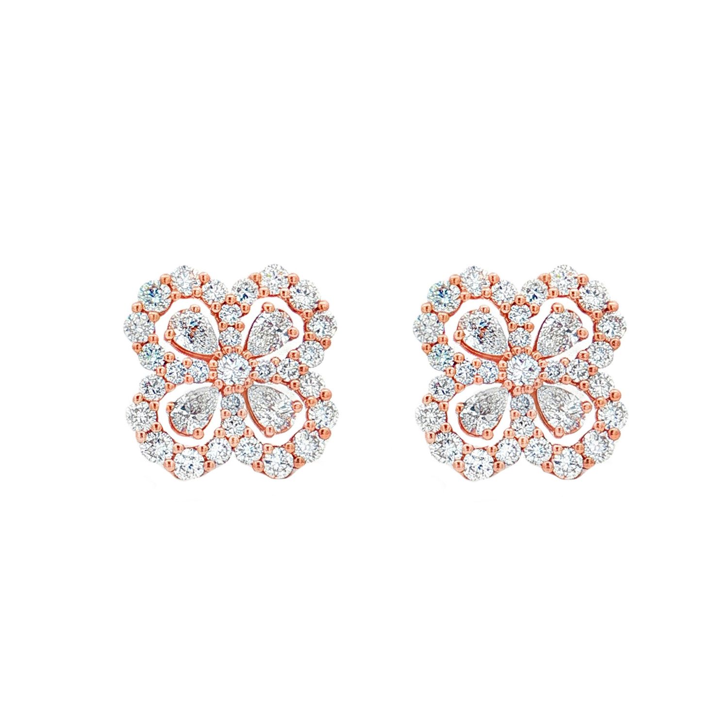18K Rose Gold Lab-Grown CVD Diamond Four-Leaf Clover Stud Earrings HX0056