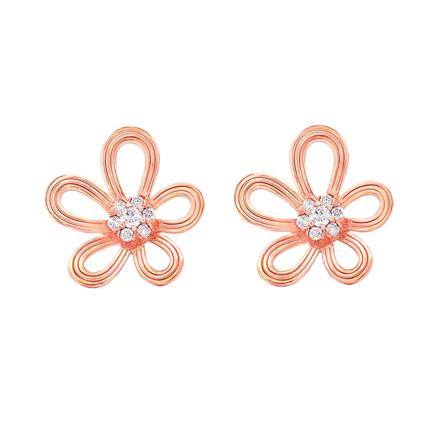 18K Rose Gold Natural Diamond Flower Stud Earrings HX0072