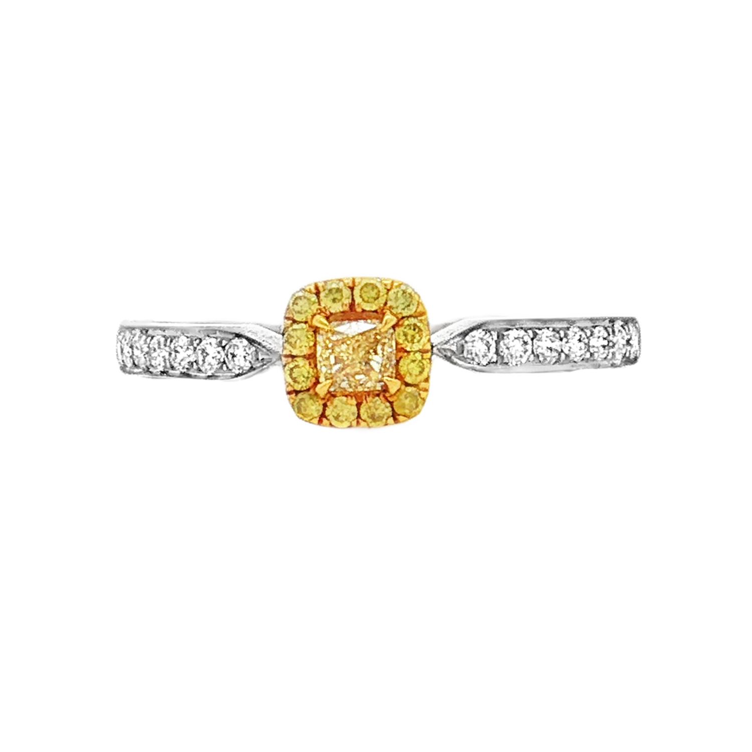 18K White Gold Two-Tone Natural Fancy Yellow Diamond Halo Ring Size 5 HX0067