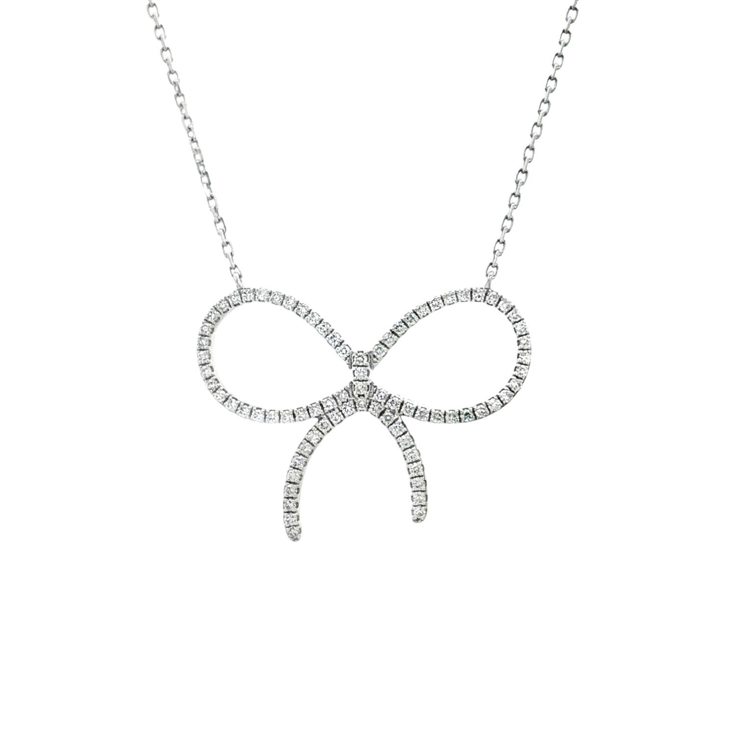 18K White Gold Natural Diamond Prong Set Bow Pendant Necklace HX0081