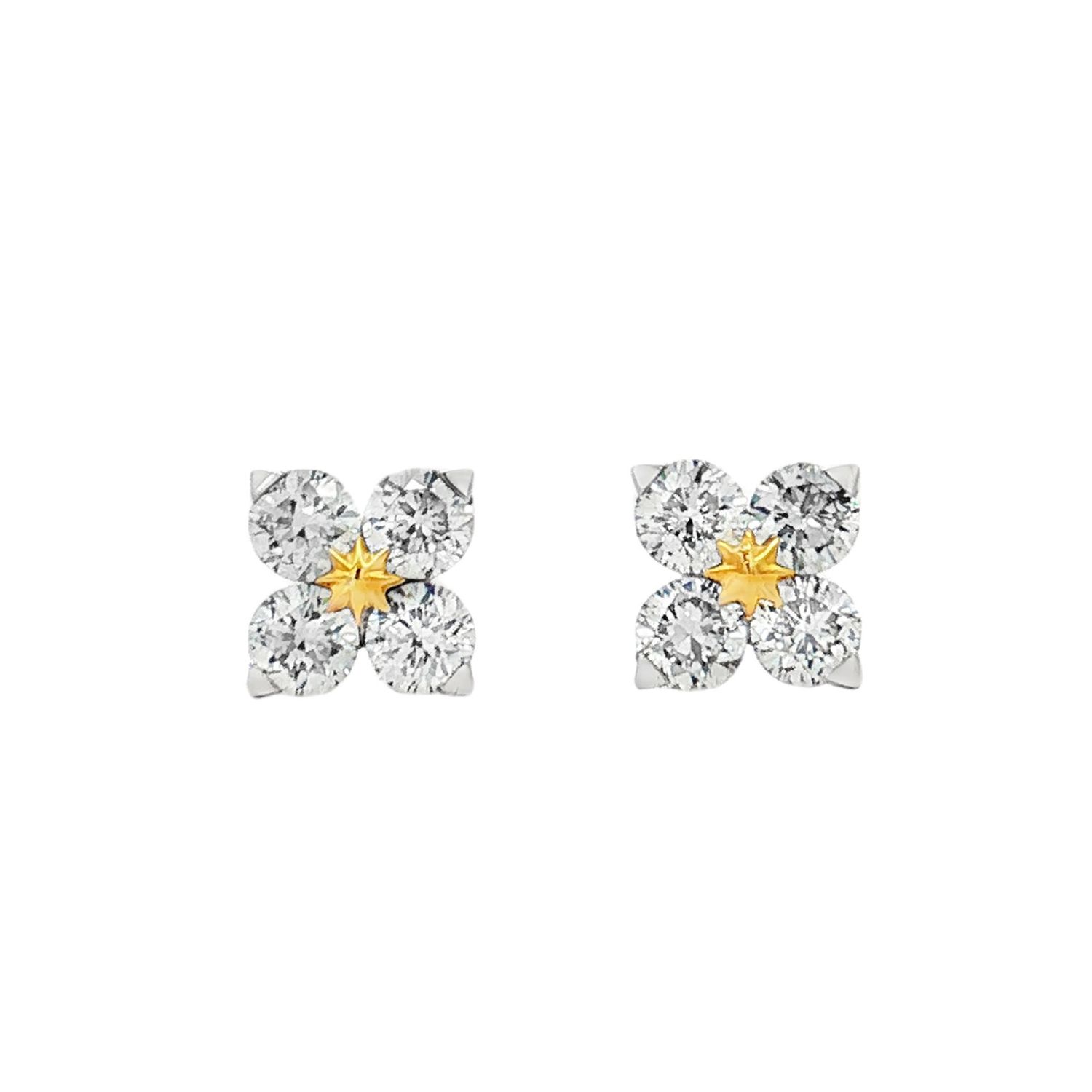 18K White &amp; Yellow Gold Lab-Grown CVD Diamond Clover Stud Earrings HX0101