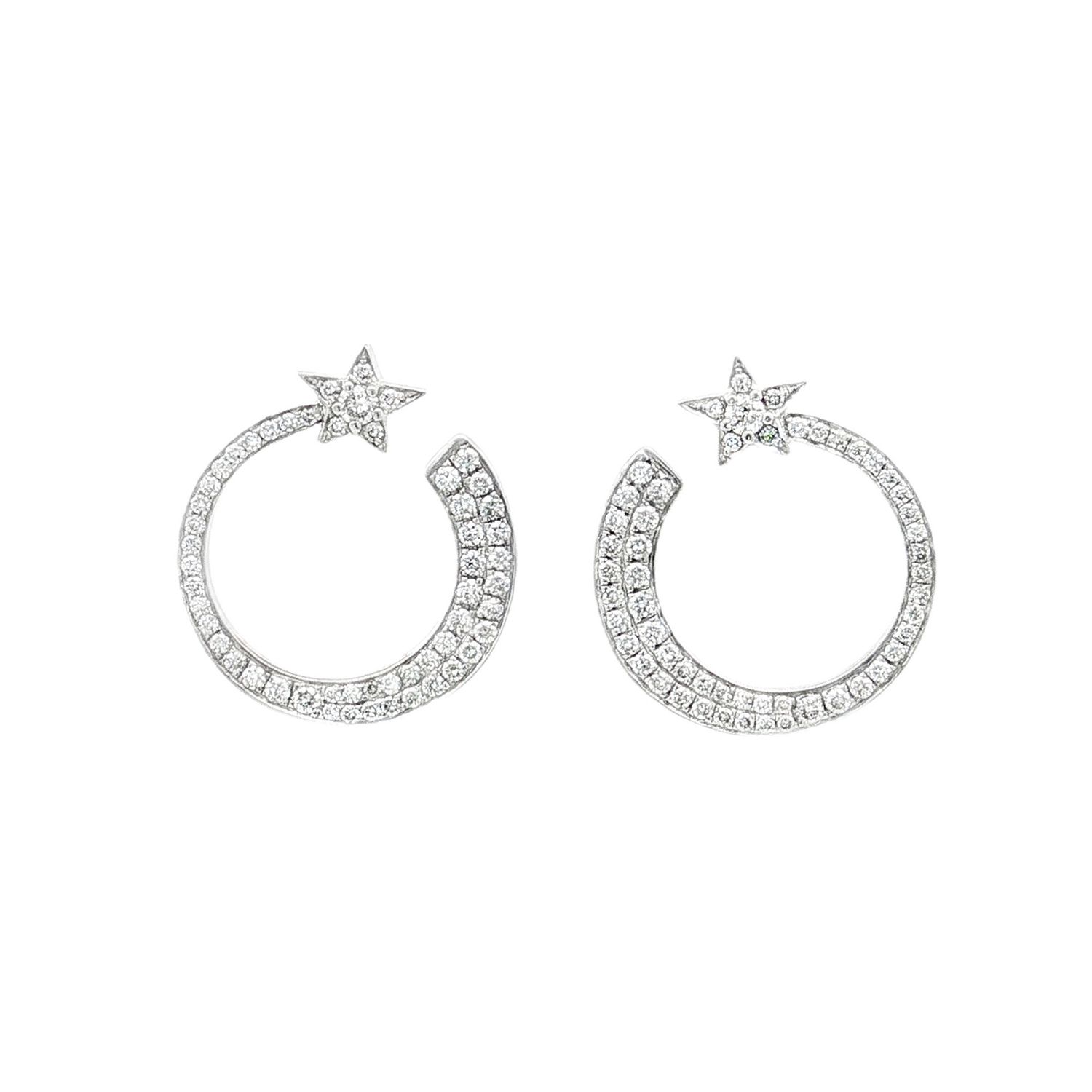 18K White Gold Natural Diamond Moon &amp; Star Earrings HX0100