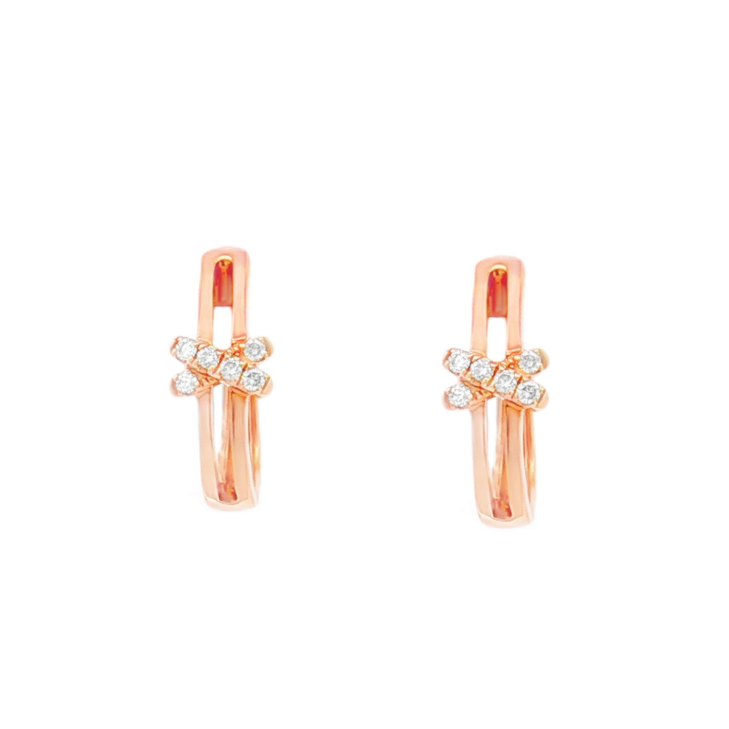 18K Rose Gold Natural Diamond Cross Huggie Earrings HX0103