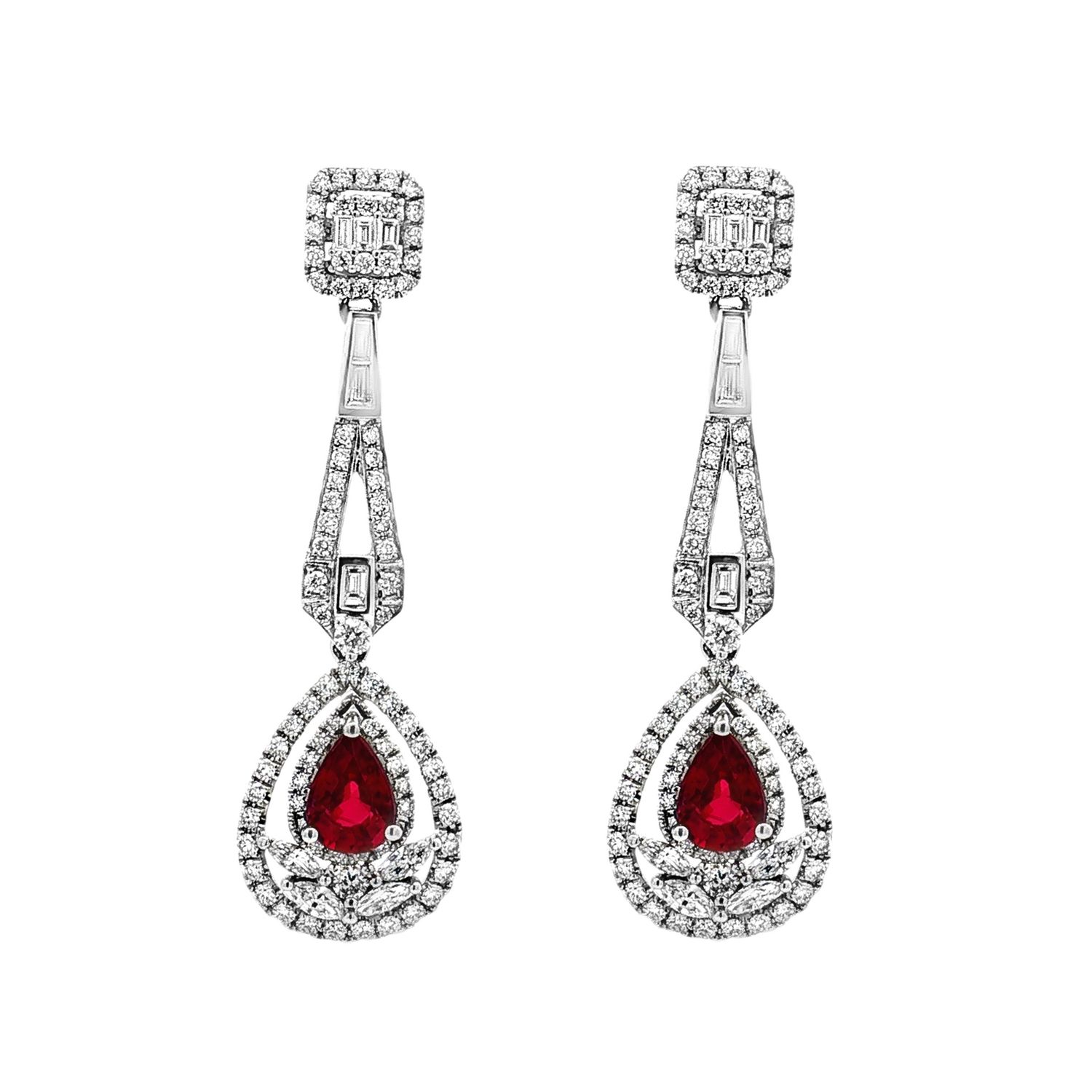 18K White Gold Natural Diamond And Ruby Drop Earrings TF0023