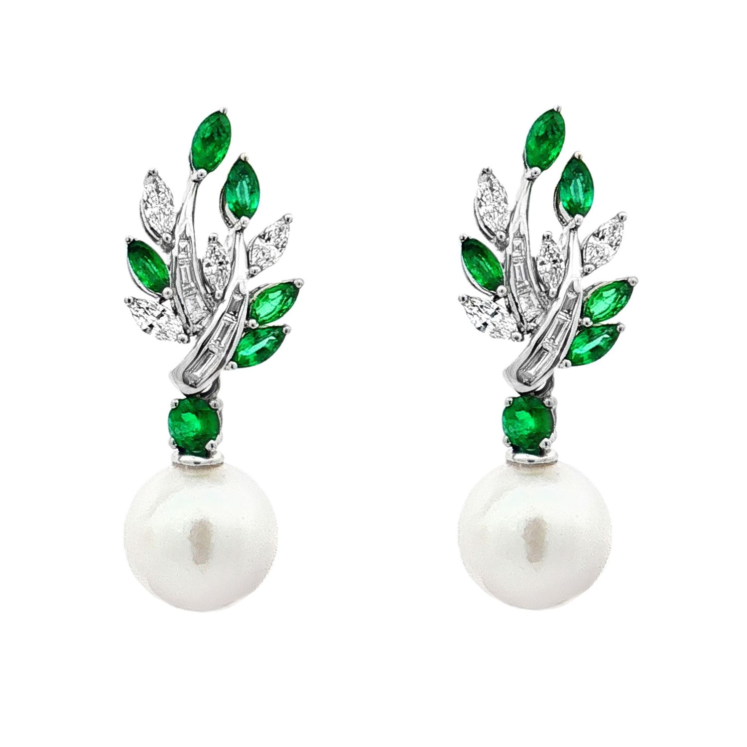 18K White Gold Natural Pearl, Diamond And Emerald Drop Earrings TF0026