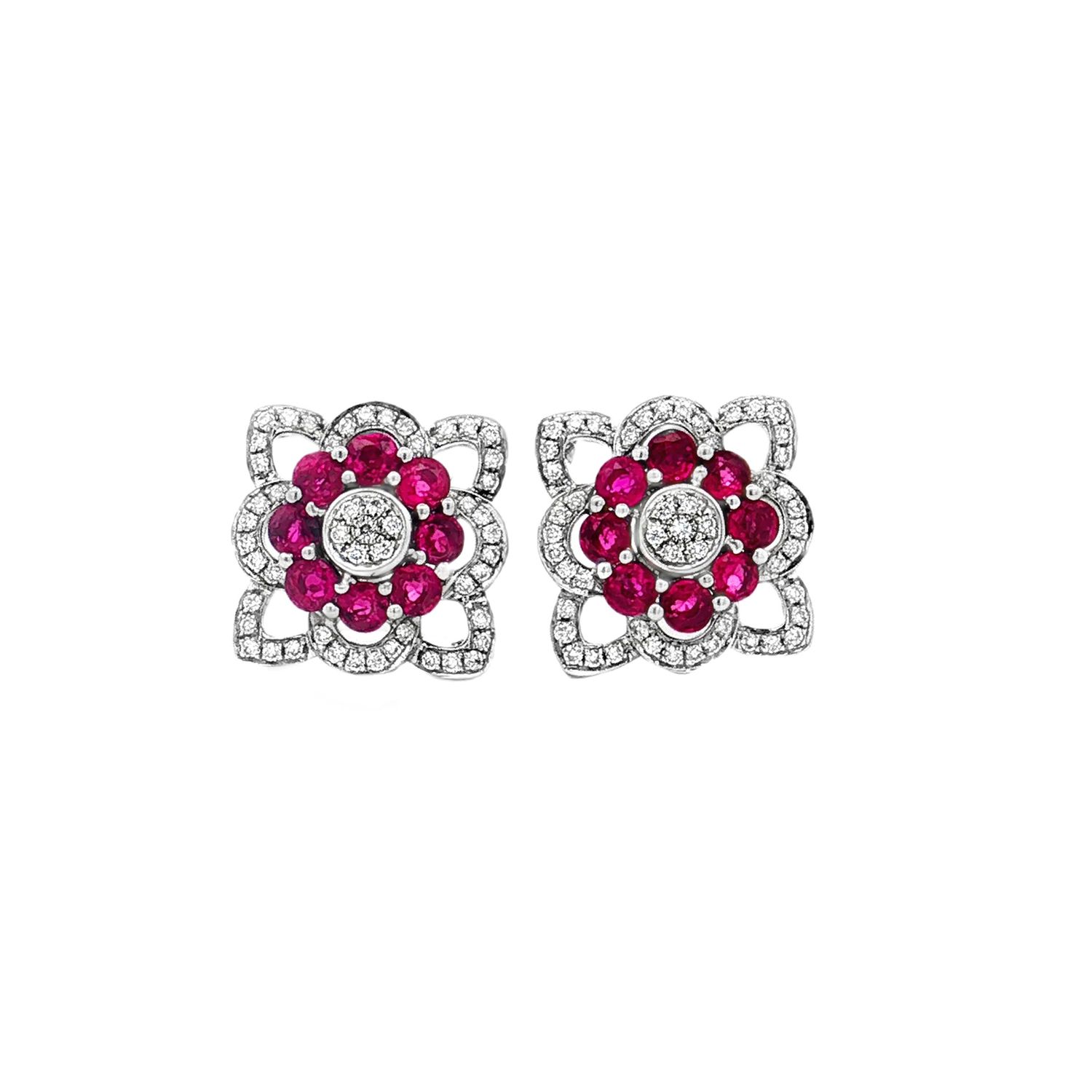 18K White Gold Natural Ruby And Diamond Stud Earrings TF0039