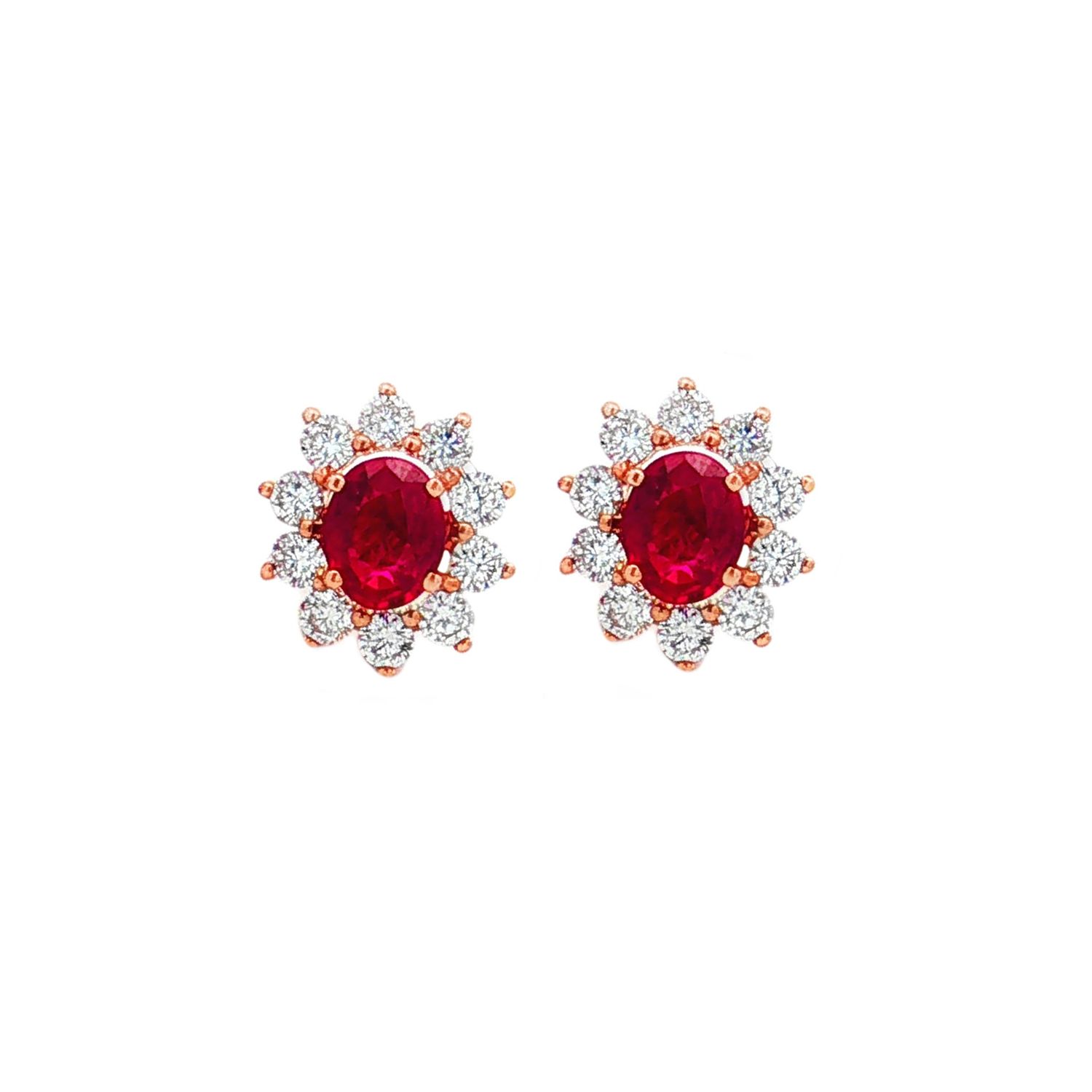 18K Rose Gold Natural Ruby And Diamond Stud Earrings TF0040