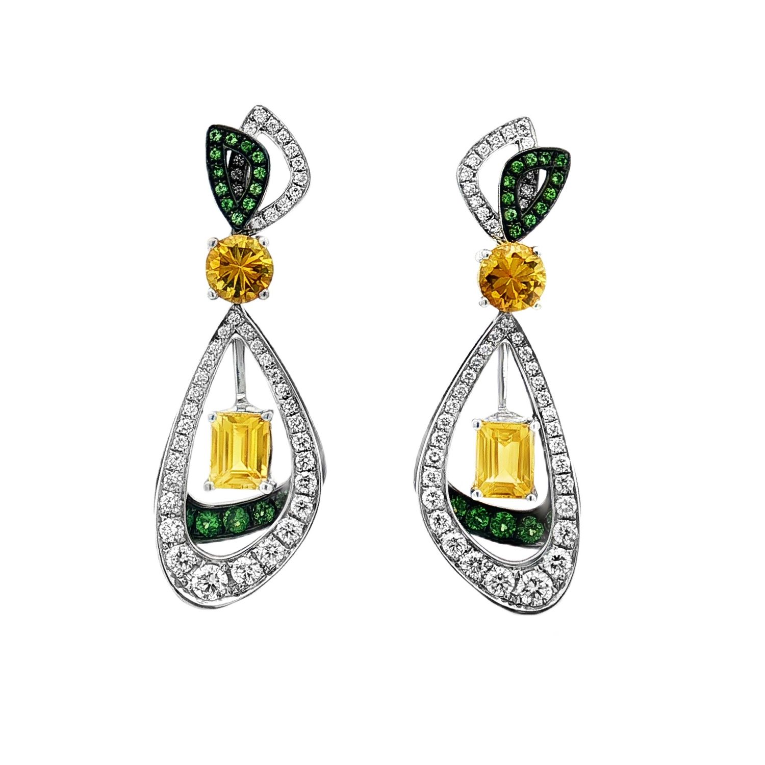 18K White Gold Natural Yellow Sapphire, Diamond And Tsavorite Drop Earrings TF0025