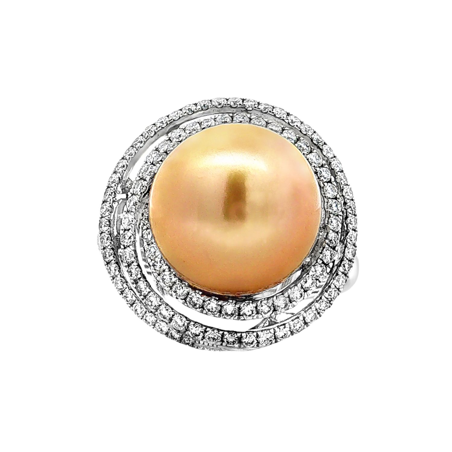 18K White Gold Natural Golden South Sea Pearl &amp; Diamond 7 Engagement Ring TF0029