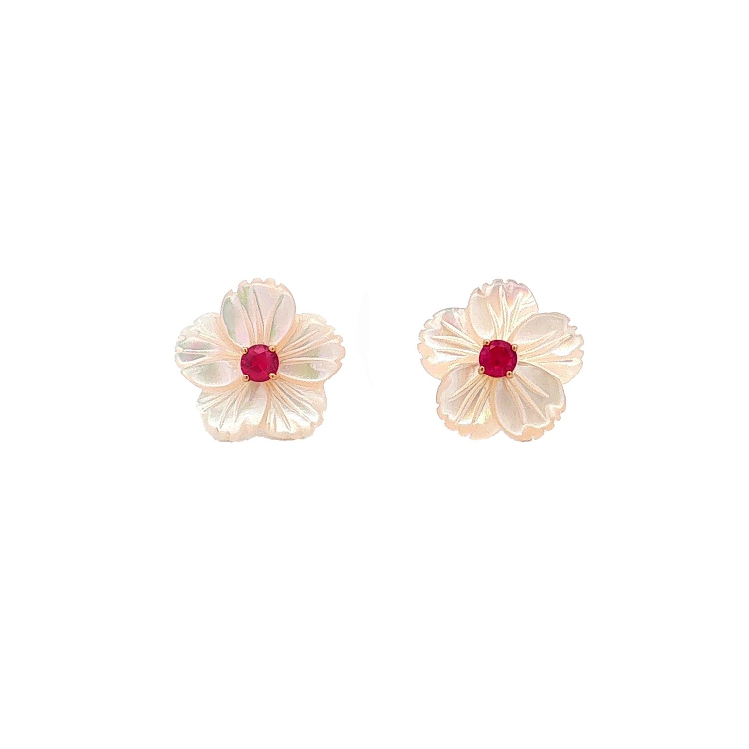 18K Rose Gold Natural Ruby White Pearl Flower Stud Earrings HFXY0002
