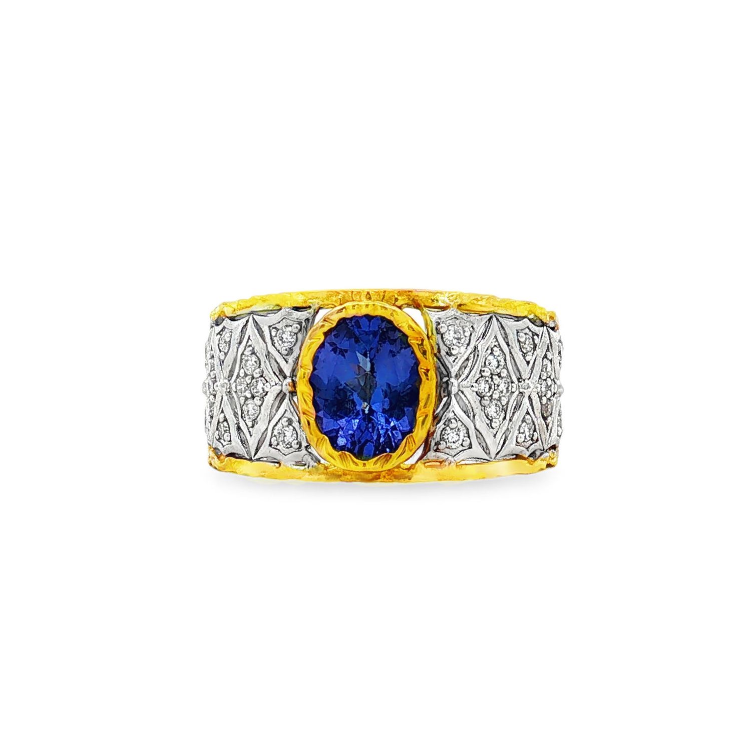 18K White&amp;Yellow Gold Natural Tanzanite And Diamond Size 7# Wide Ring BJL0017