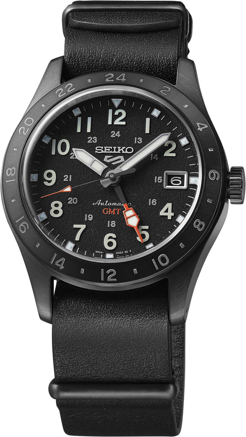 Seiko 5 Sports Automatic GMT Black Dial Leather Strap Men's Watch SSK025