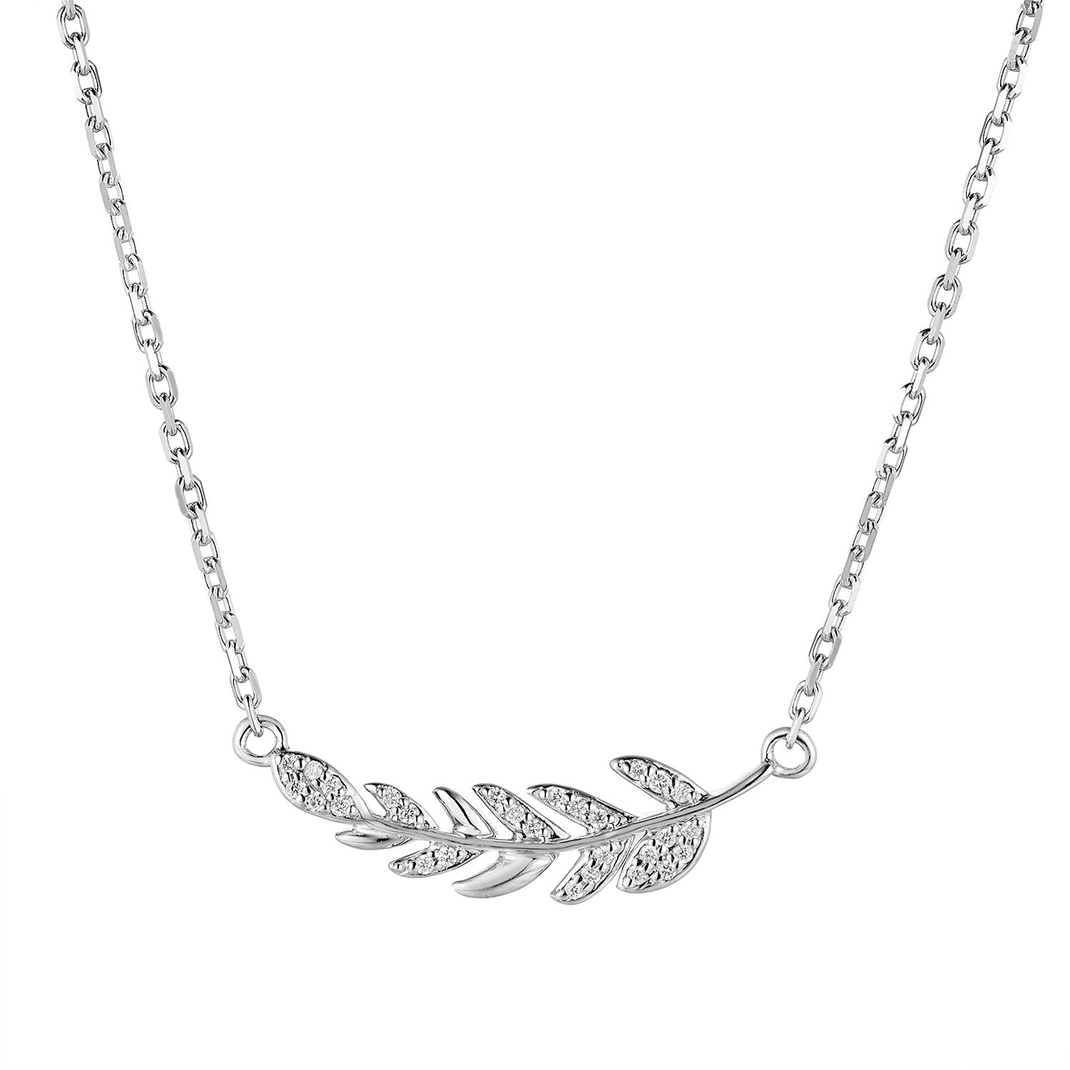 14K White/Yellow Gold Lab Grown Diamond Olive Leaf Curved Necklace MZ9919, Colour: 14KW-2.88g-0.078ct-LG