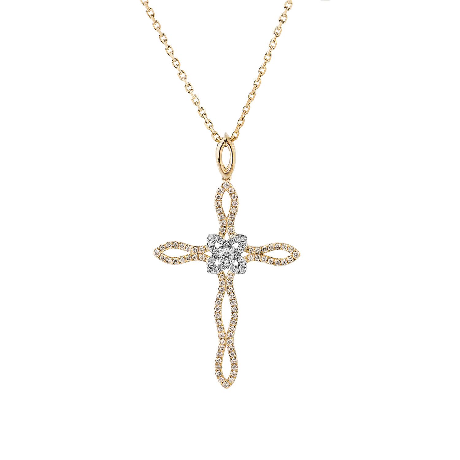 14K White Gold And 14K Yellow Gold Lab Grown Diamond Cross Necklace MZ71485
