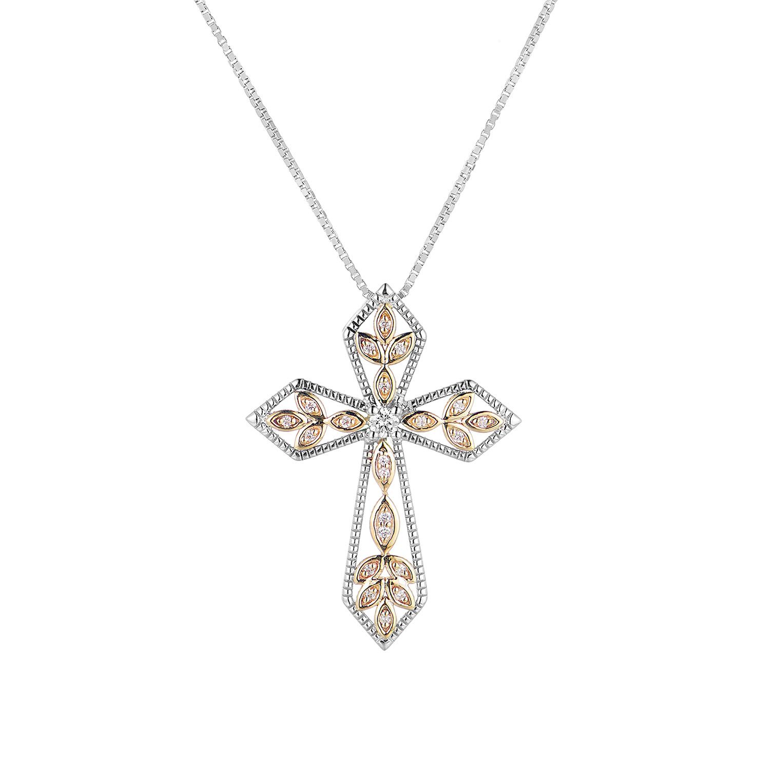 14K White God And 14K Yellow Gold Lab Grown Diamond Cross Necklace MZ10065