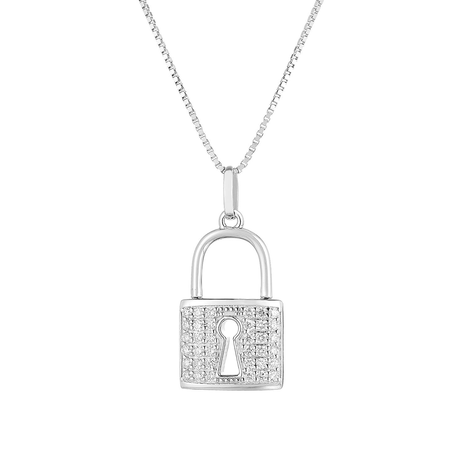14K White God Lab Grown Diamond Lock Shape Necklace MZ71005