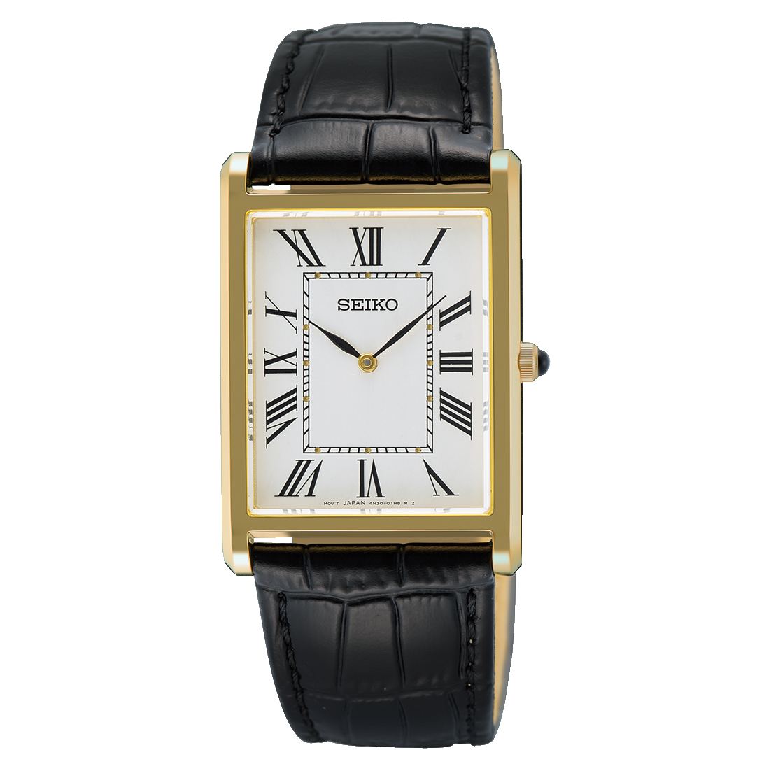 Seiko Essentials Gold Tone Black Leather Strap White Men's Watch SWR104