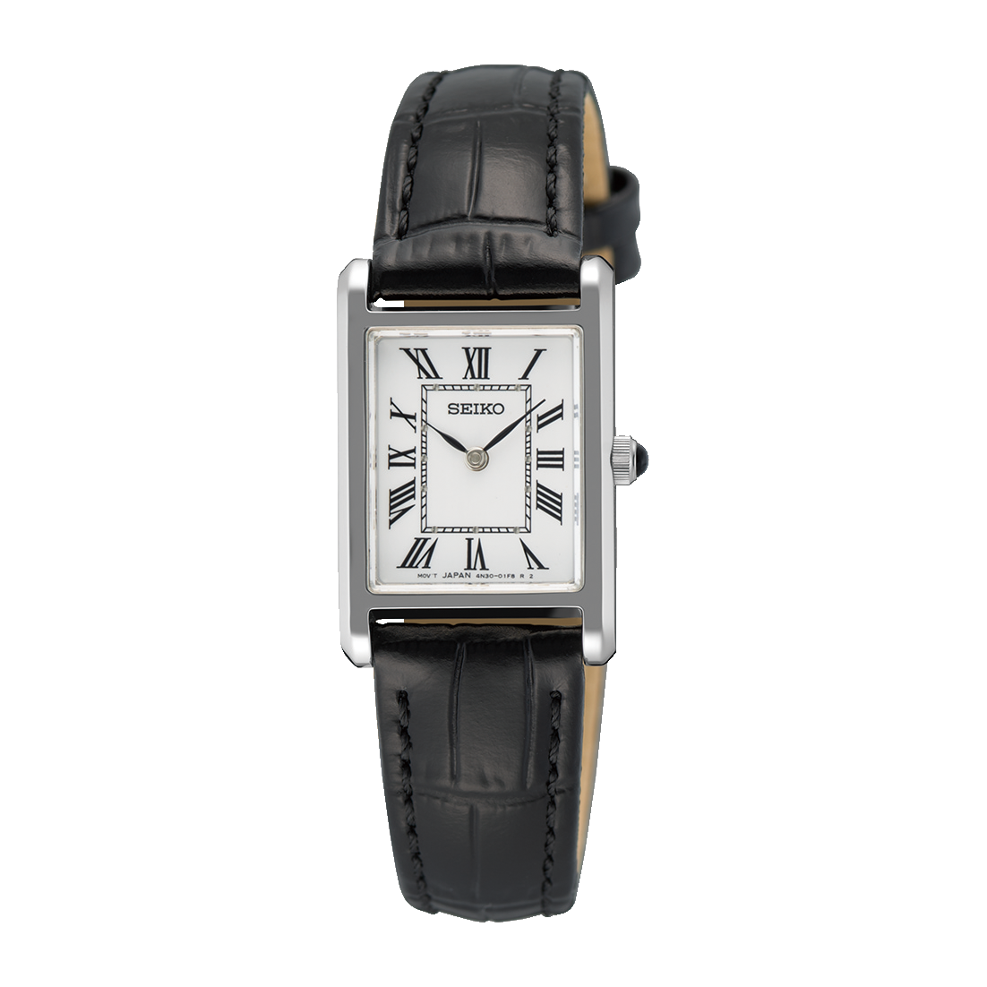 Seiko Essentials Rectangle White Dial Black Leather Strap Women's Watch SWR107
