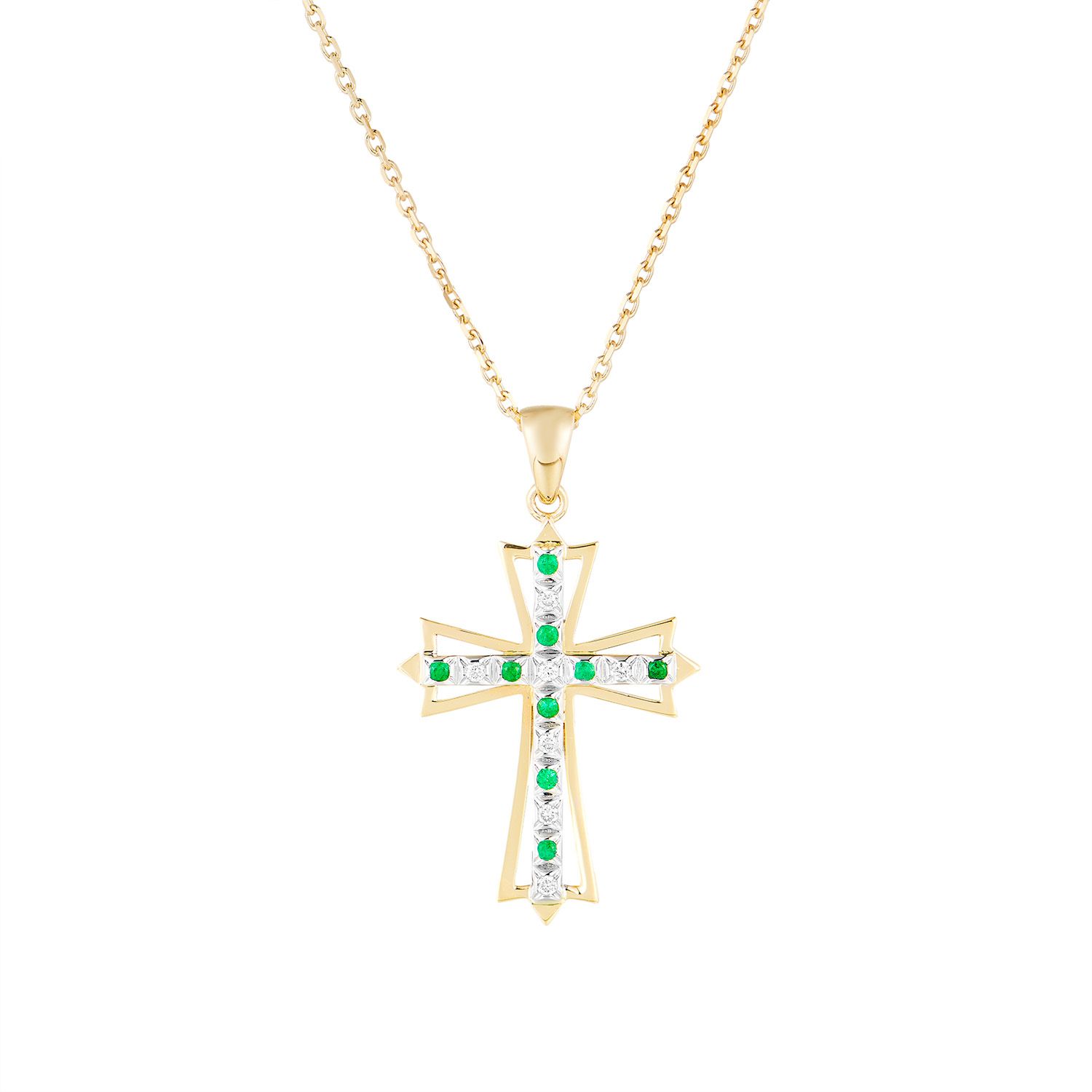 14K Two-Tone Gold Emerald And Lab Grown Diamond Cross Necklace MZ9722