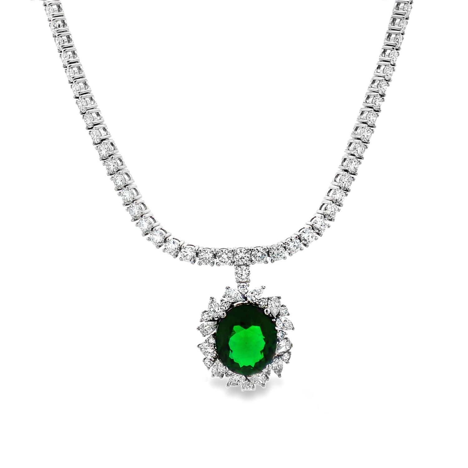 14K White Gold Lab Grown Emerald And Diamond Necklace MZ13874