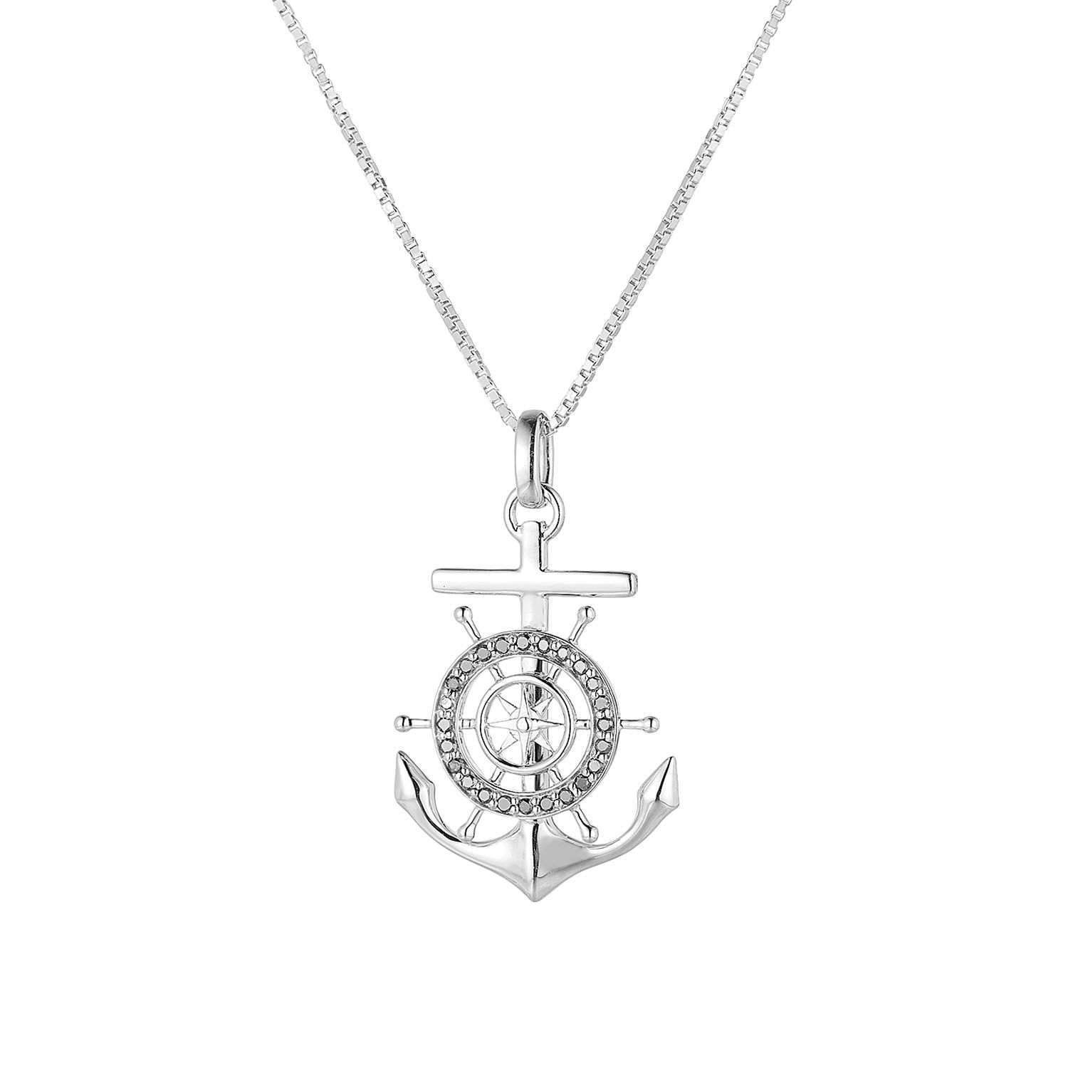 14K White Gold Black Diamond Anchor Wheel Necklace MZ10071