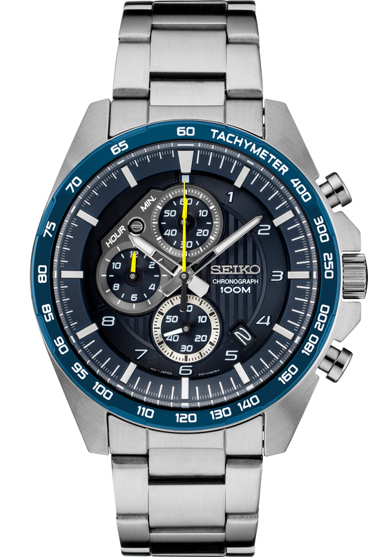 New Seiko Men's Blue Dial Silver Tone Stainless Steel Chronograph Watch SSB321