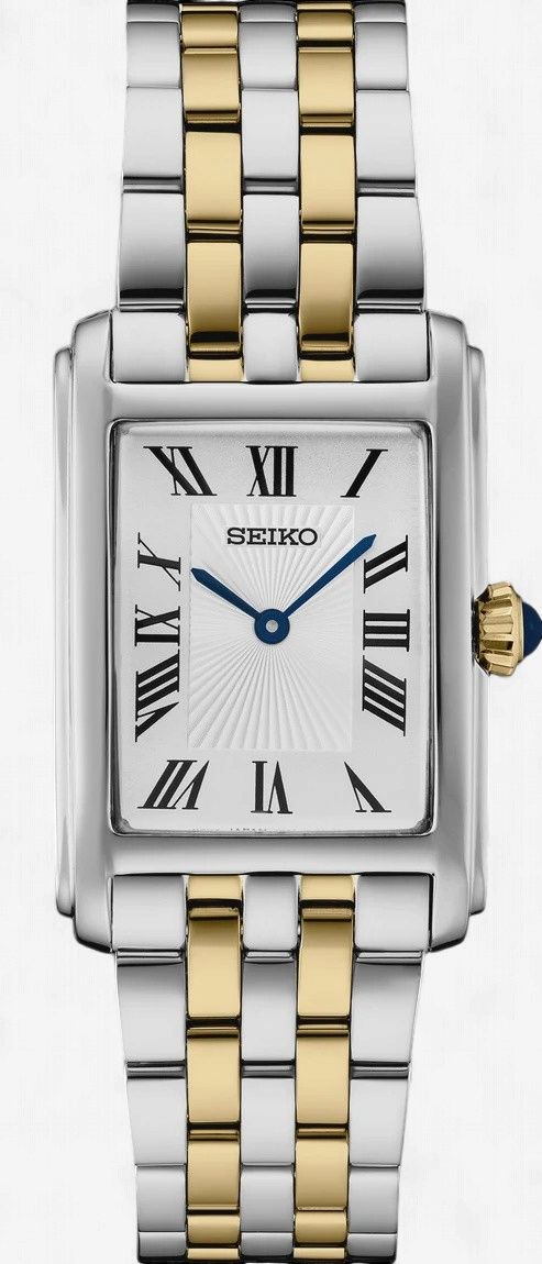 Seiko Essentials Ladies Two Tone White Roman Dial Rectangular Quartz SWR087P1