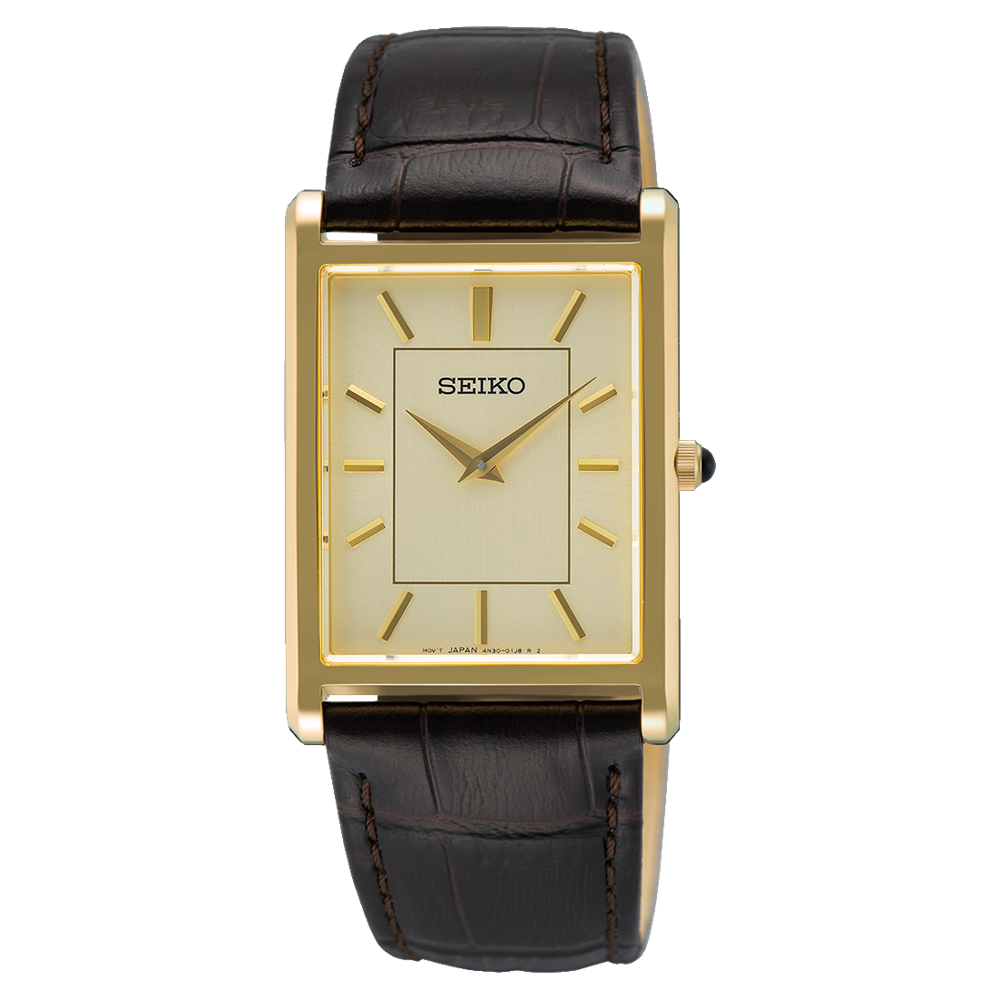 Seiko Essentials Black Leather Strap Gold Dial Men's Watch SWR106
