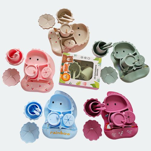 Dinosaurier Silikon Babygeschirr Set, 11-teilig, mit Lätzchen, Teller, Schüssel, Trinklernbecher, Besteck