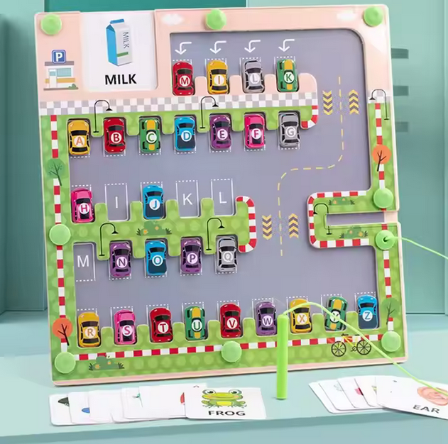 Kinder Holz-Parkplatz Alphabet Puzzle, Auto-Labyrinth Lernspiel, Pädagogisches Spielzeug mit Buchstaben