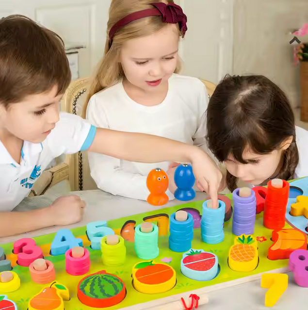 Montessori Lernspielzeug, Holz, Zahlen- und Obstpuzzle mit Schnürübungen, Motorik-Lernbrett für Kinder