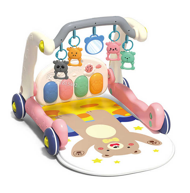 Baby Spielmatte mit Lauflernwagen, 5-in-1 Aktivitätscenter, Spielbogen mit Rasseln, 64 x 55 x 41 cm, rosa
