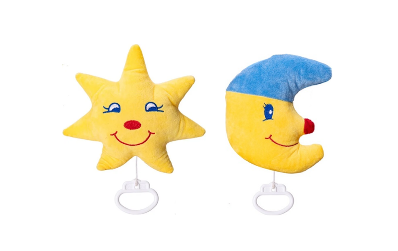2er Set Plüsch-Stern und Mond Babyrassel, Blau-Gelb, Stoffspielzeug mit Griff