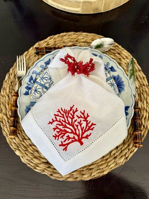 Embroidered Red Coral Linen Napkins