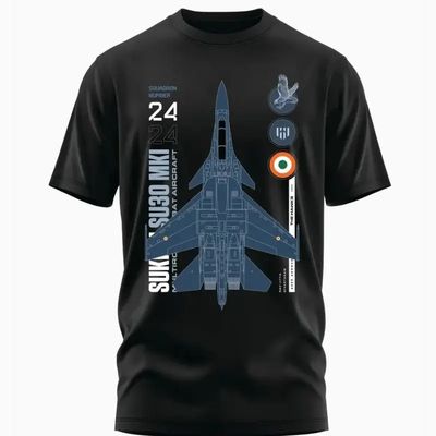 Sukhoi Blue Black Print Pure Cotton Round Neck T shirt