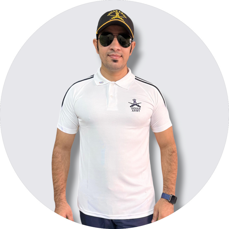 Indian Army Half Sleeve Collar Neck White T Shirt