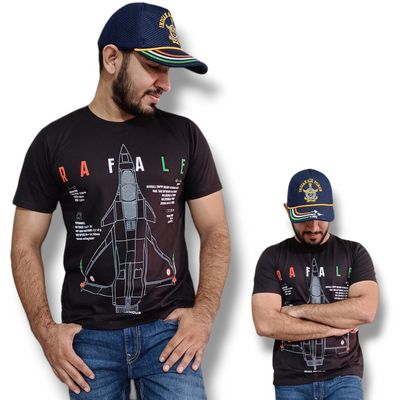 Rafale Blue Print Half Sleeve Round Neck Black T shirt
