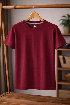 ONN Men's Half Sleeves Round Neck Maroon 100% Cotton T-Shirt