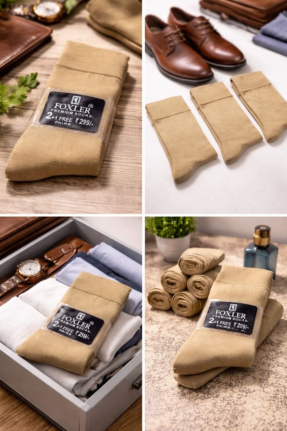 3pcs Foxler Khakhi Cotton Socks