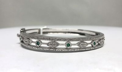 AVT- Sterling 22.9g .13ctw Diamond .23ctw Emerald Bangle Bracelet