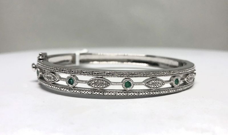 AVT- Sterling 22.9g .13ctw Diamond .23ctw Emerald Bangle Bracelet