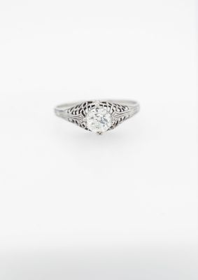 RTT-14KW 1.2g .58ct K/VVS2 European Cut Diamond Antique Solitaire Ring (size 6.5)