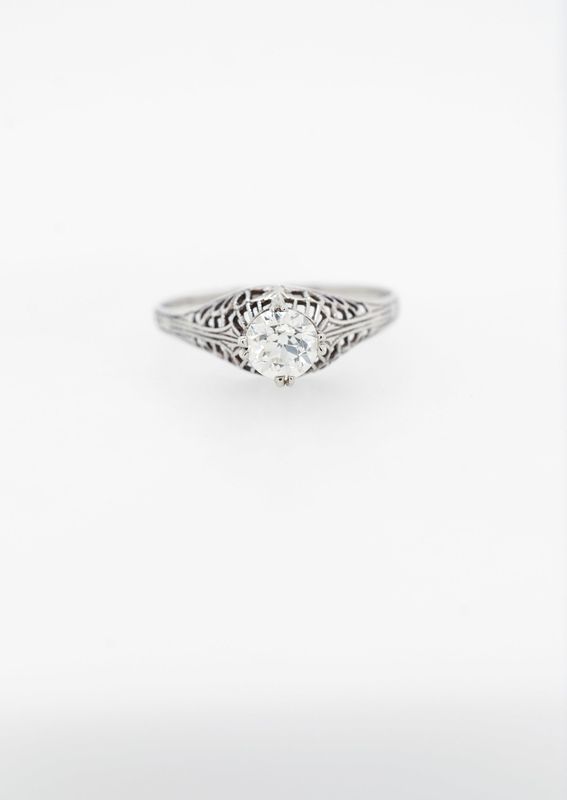 RTT-14KW 1.2g .58ct K/VVS2 European Cut Diamond Antique Solitaire Ring (size 6.5)
