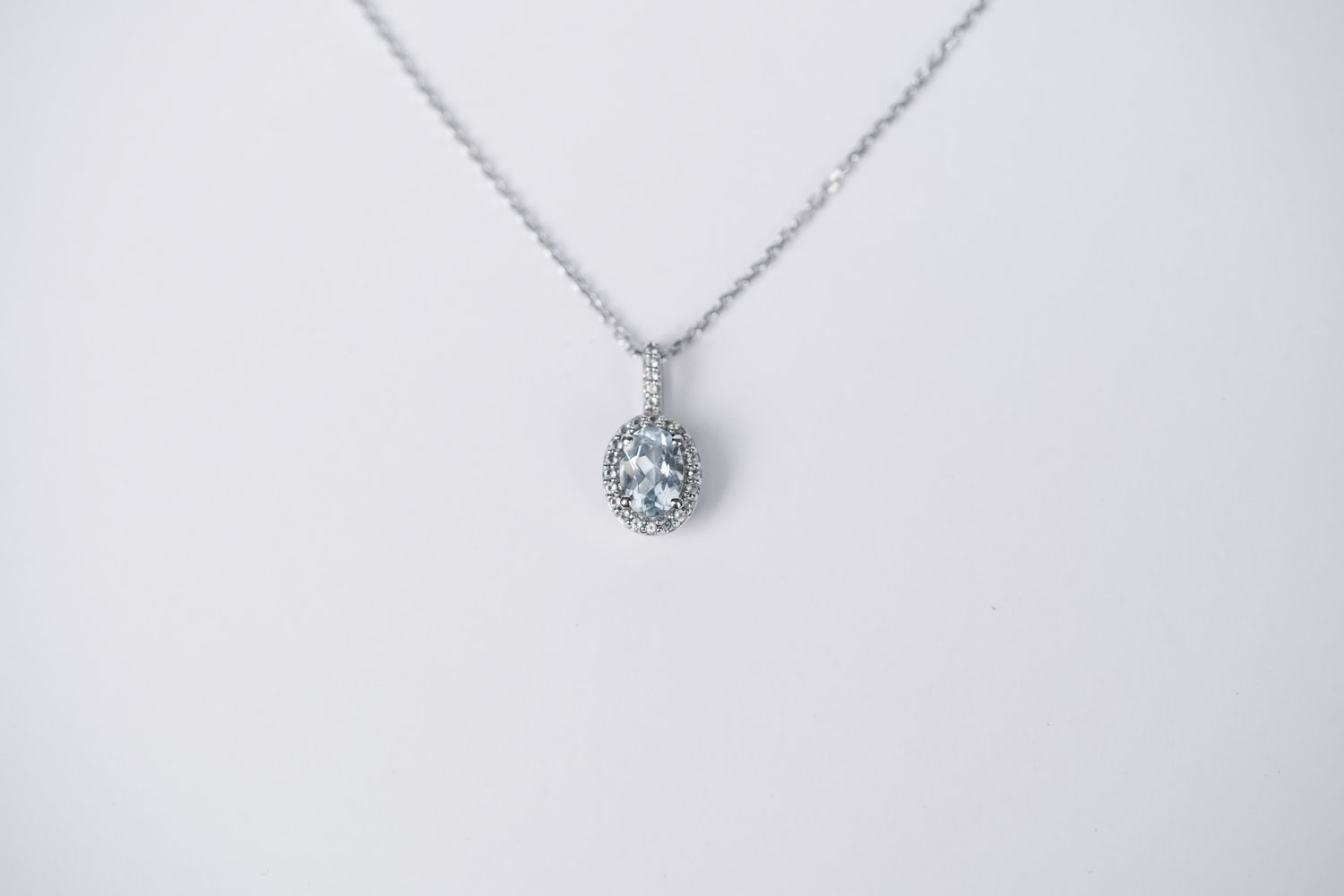 ETX-10KW 2.6g .75ctw Aquamarine &amp; Sapphire Halo Pendant 16-18&quot;