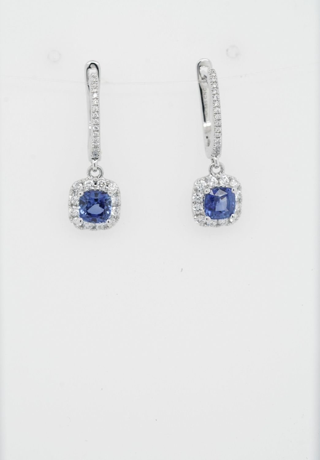 BRDX-14KW 2.9g 1.51ctw Diamond &amp; Sapphire Halo Dangle Earrings