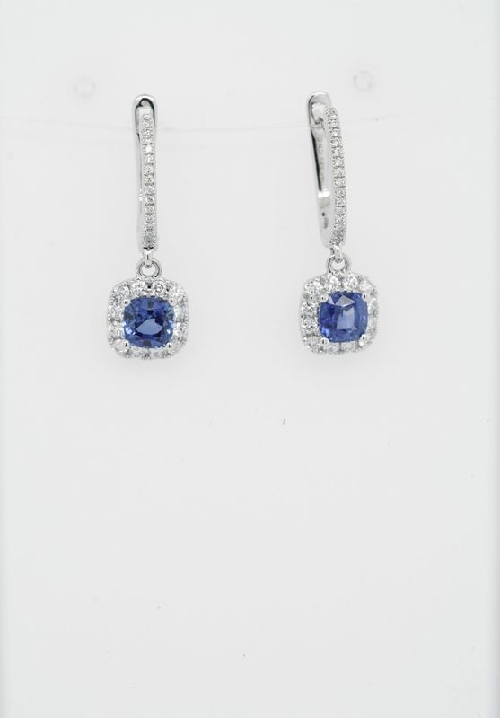 BRDX-14KW 2.9g 1.51ctw Diamond &amp; Sapphire Halo Dangle Earrings
