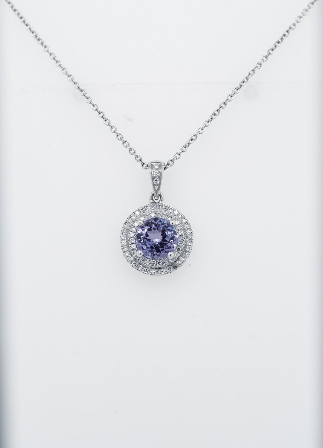 AEN-14KW 2.4g 1.32ctw (1.17ctr) Tanzanite &amp; Diamond Double Halo Pendant 16&quot;