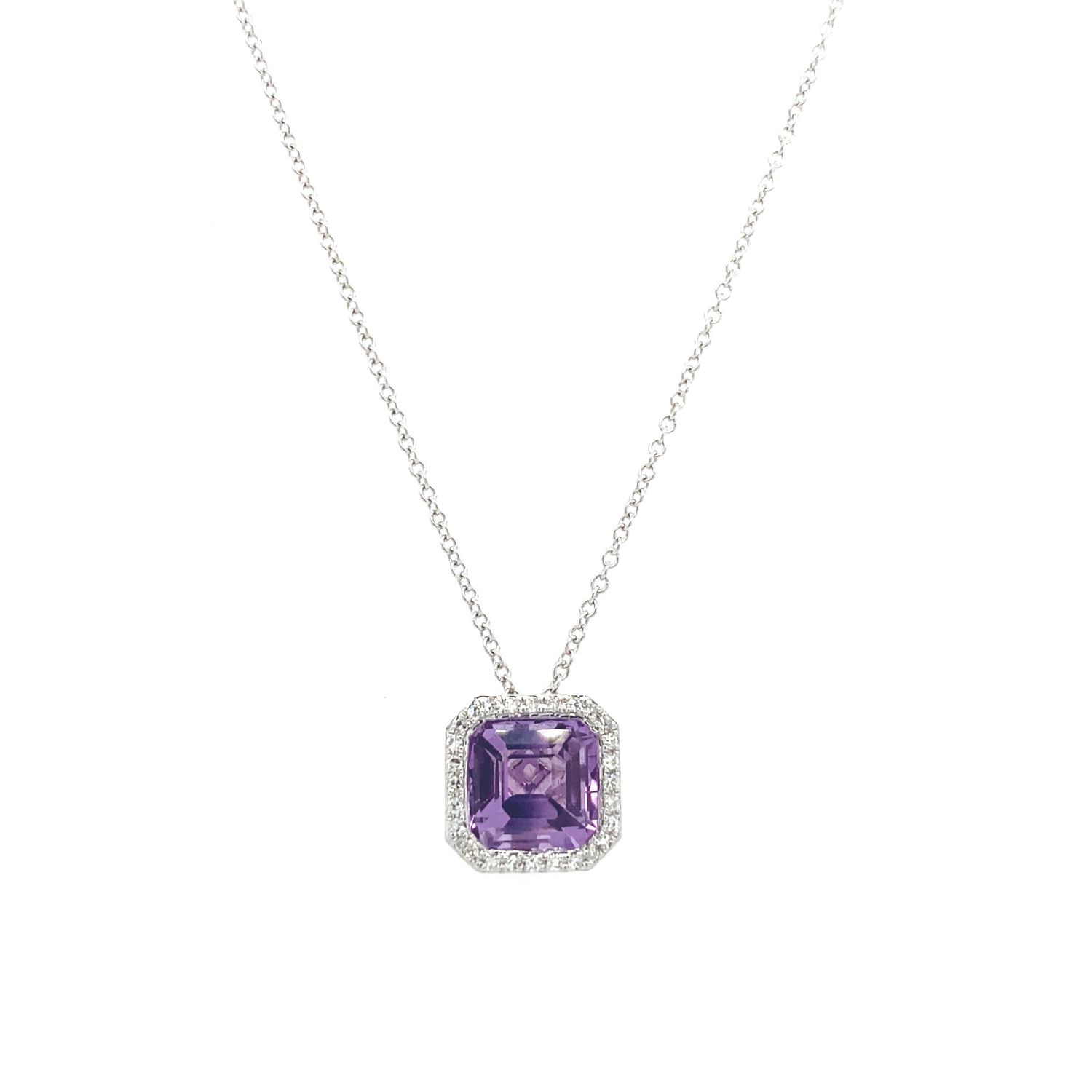 ADE-14KW 1.9g 1.76ctw (1.68ctr) Amethyst &amp; Diamond Halo Pendant 16&quot;