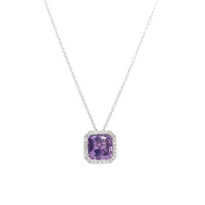 ADE-14KW 1.9g 1.76ctw (1.68ctr) Amethyst &amp; Diamond Halo Pendant 16&quot;