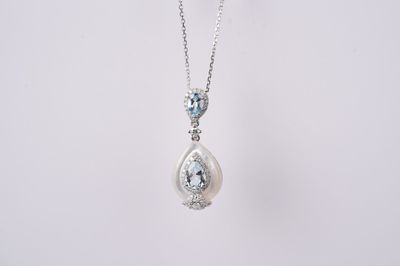 RTIX-14KW 2.13g .44ctw Diamond .92ctw Aquamarine/MOP Pendant 16-18&quot;